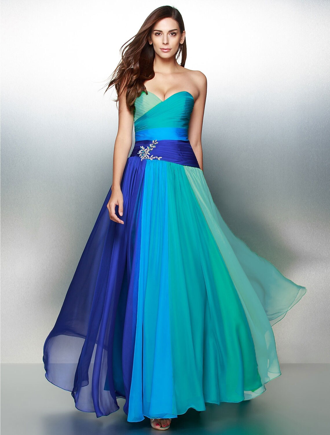 Wholesa A-Line Color Block Dress Wedding Guest Prom Floor Length Sleeveless Sweetheart Chiffon Backless with Ruched Crystals