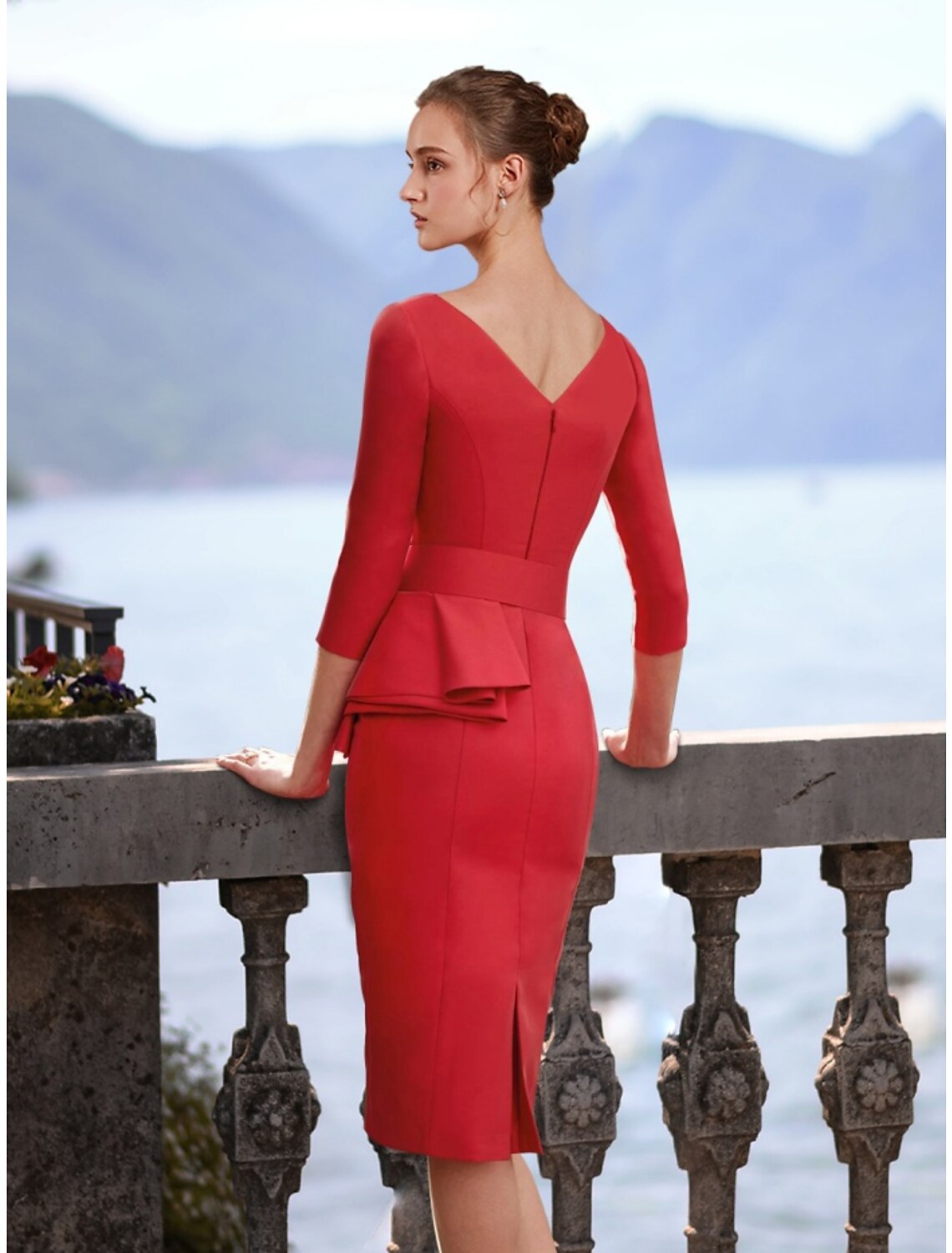 Wholesa  Sheath / Column Cocktail Dresses Elegant Dress Cocktail Party Knee Length Christmas Red Green Dress 3/4 Length Sleeve V Neck Polyester with Ruffles