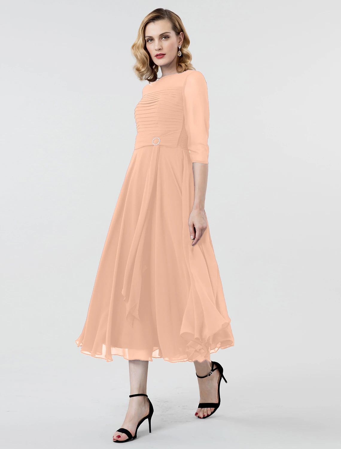 Wholesa A-Line Elegant Formal Evening Wedding Party Dress Boat Neck 3/4 Length Sleeve Tea Length Georgette with Ruched Crystal Brooch / Illusion Sleeve