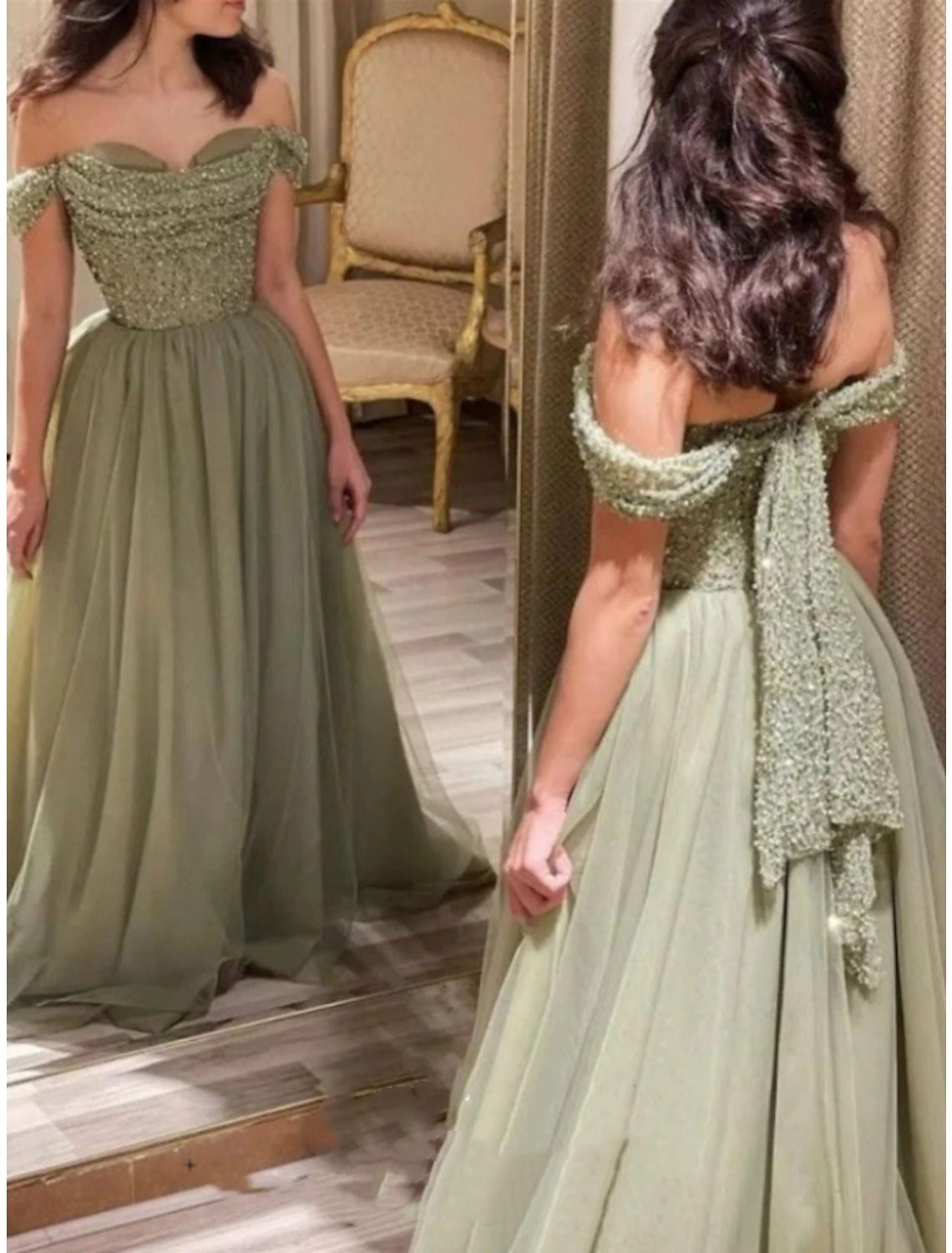 Wholesa A-Line Prom Dresses Elegant Dress Formal Sweep / Brush Train Formal Red Green Dress Short Sleeve Off Shoulder Tulle with Glitter Pleats Ruched