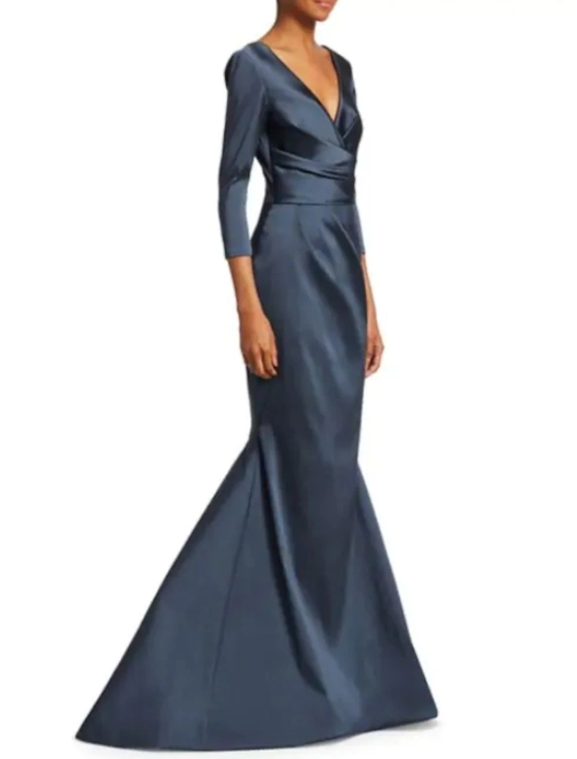 Wholesa Mermaid / Trumpet Mother of the Bride Dress Elegant Plunging Neck Sweep / Brush Train Satin 3/4 Length Sleeve with Ruching