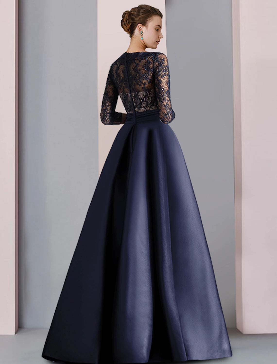 wholesale  A-Line Mother of the Bride Dress Formal Party Elegant V Neck Floor Length Satin Lace Half Sleeve with Bow(s) Pleats Split Front