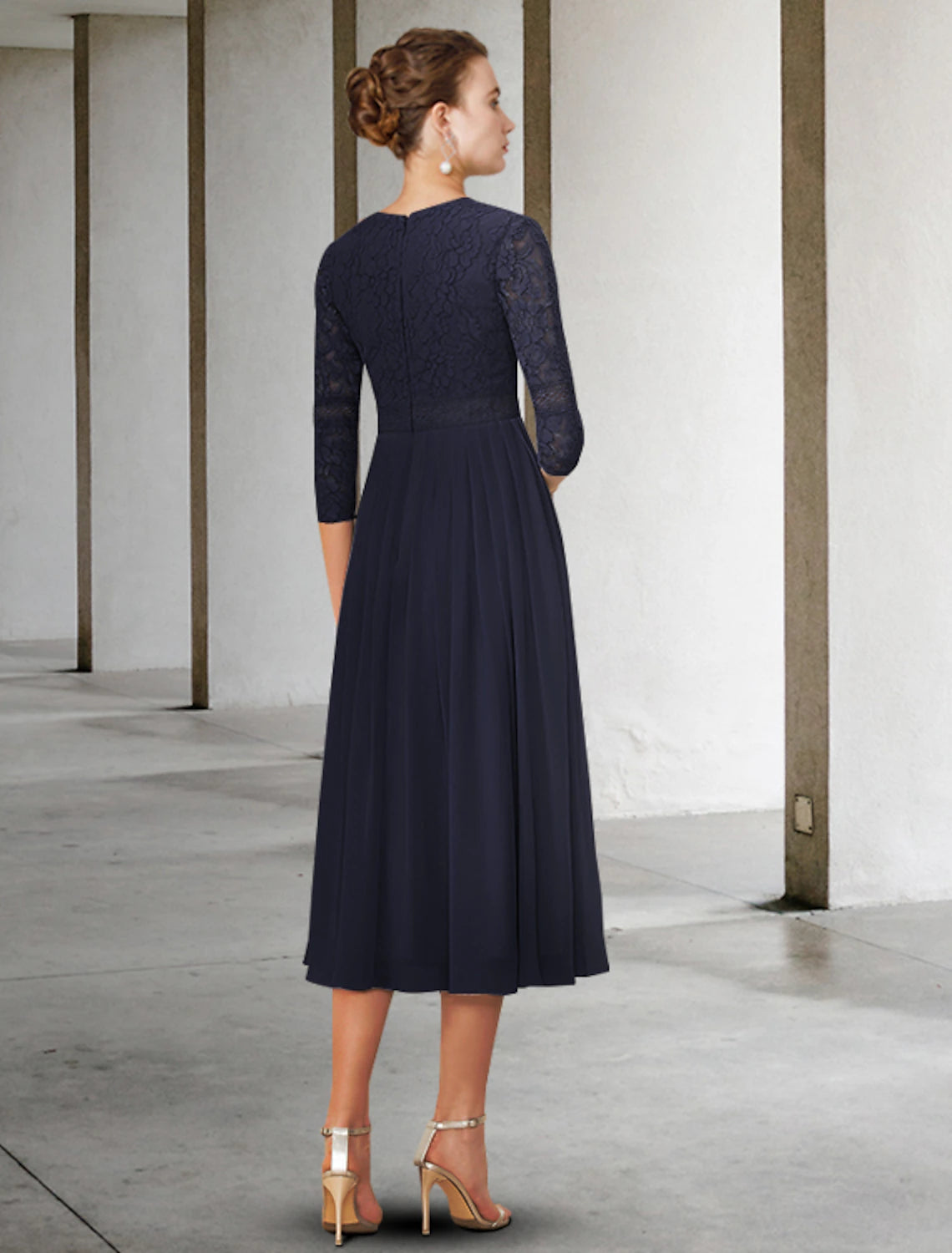 wholesale   A-Line Mother of the Bride Dress Elegant V Neck Tea Length Chiffon Lace Half Sleeve with Pleats