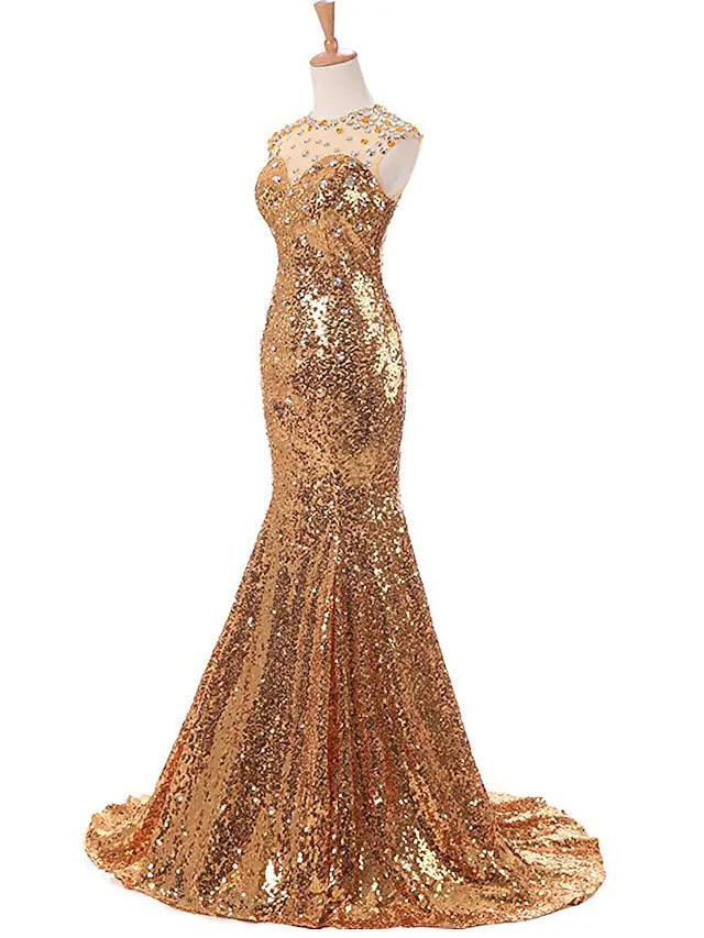 Wholesa Mermaid / Trumpet Prom Dresses Sparkle Dress Prom Court Train Sleeveless Jewel Neck Sequined with Beading