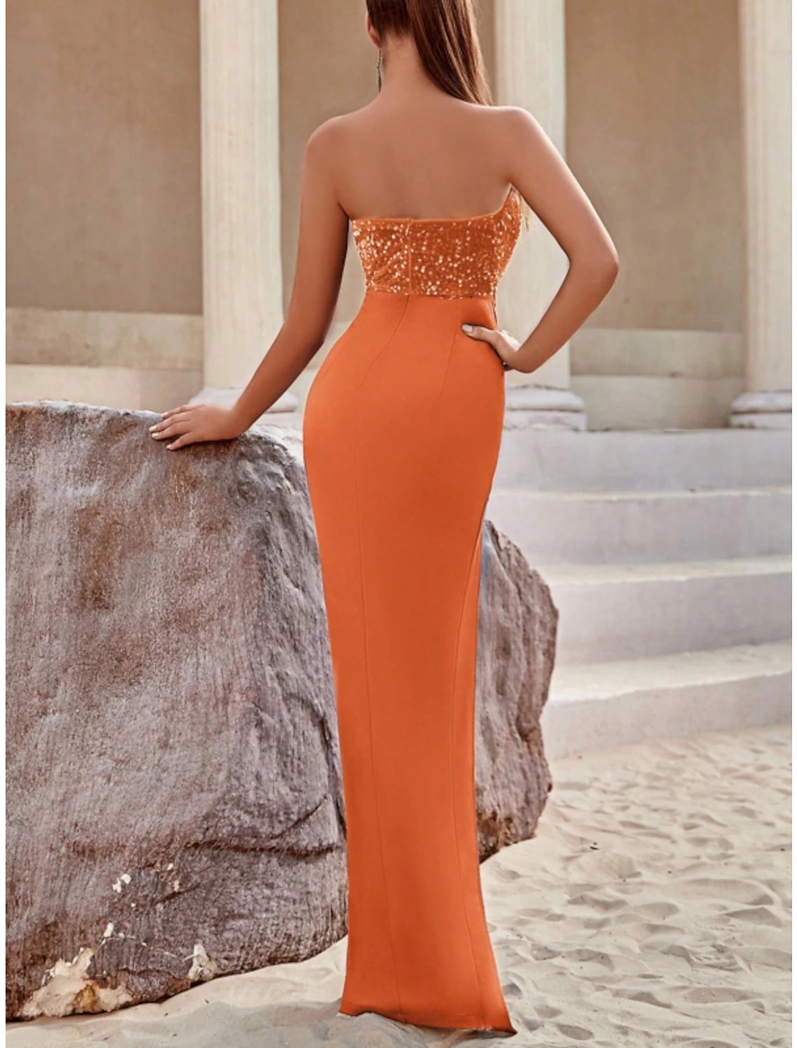 Wholesa Blue Orange Green Blue A-Line Evening Gown Sparkle & Shine Dress Formal Floor Length Sleeveless Sweetheart Stretch Fabric with Glitter Sequin Slit Fall Wedding