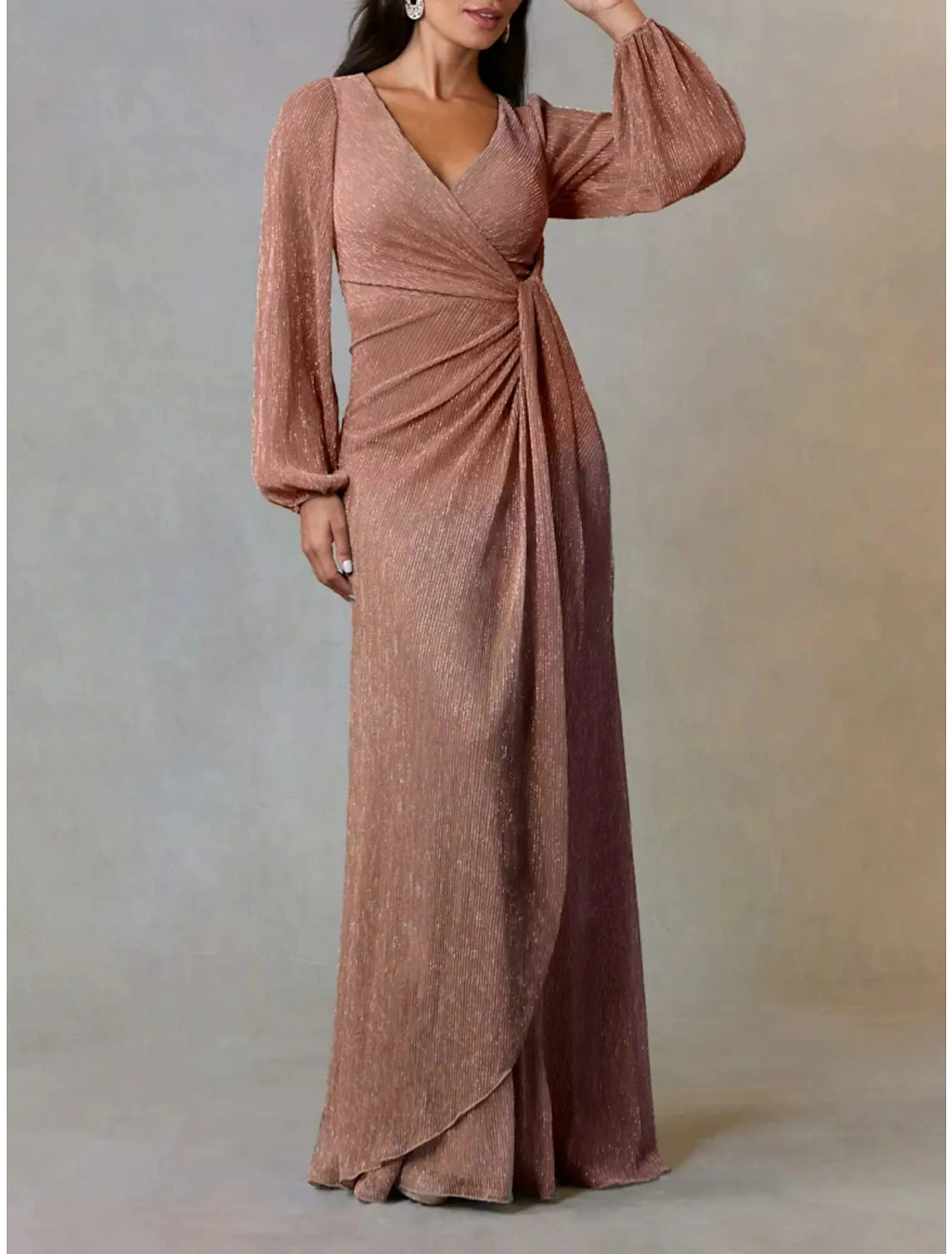 Wholesa  A-Line Mother of the Bride Dress Wedding Guest Simple Elegant V Neck Floor Length Chiffon Long Sleeve with Ruching Solid Color