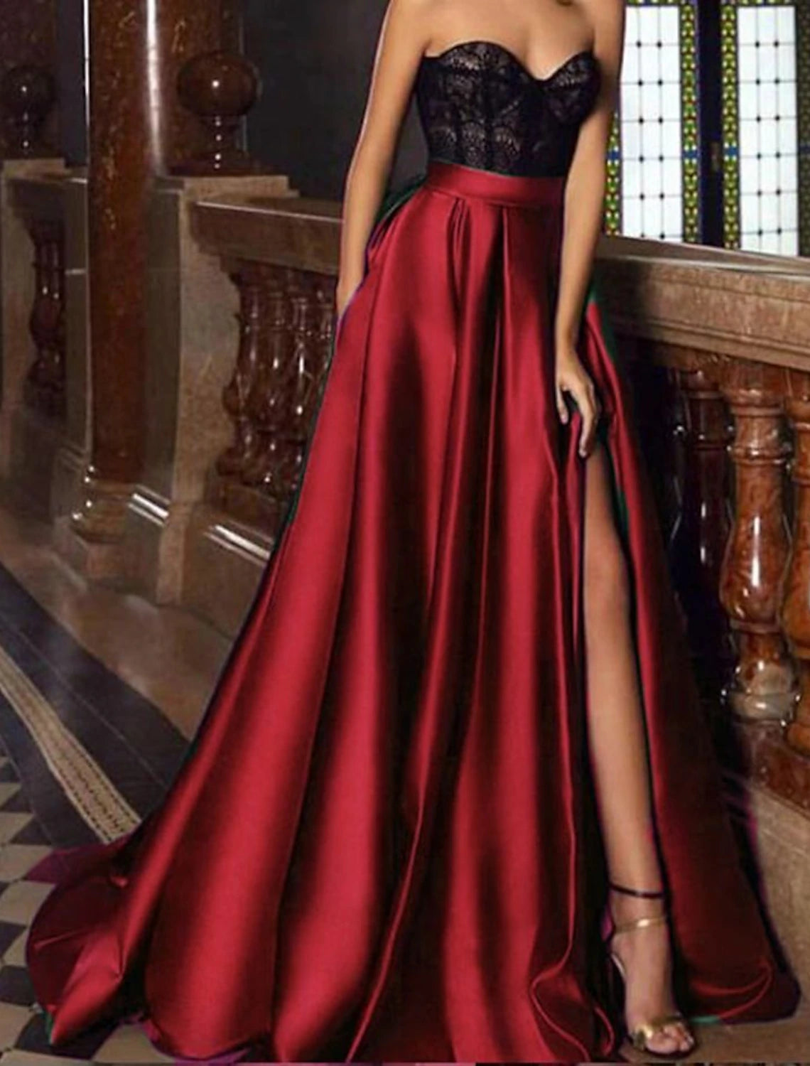 Wholesa A-Line Evening Gown Vintage Dress Christmas Engagement Court Train Sleeveless Sweetheart Pocket Satin with Slit Embroidery Pocket