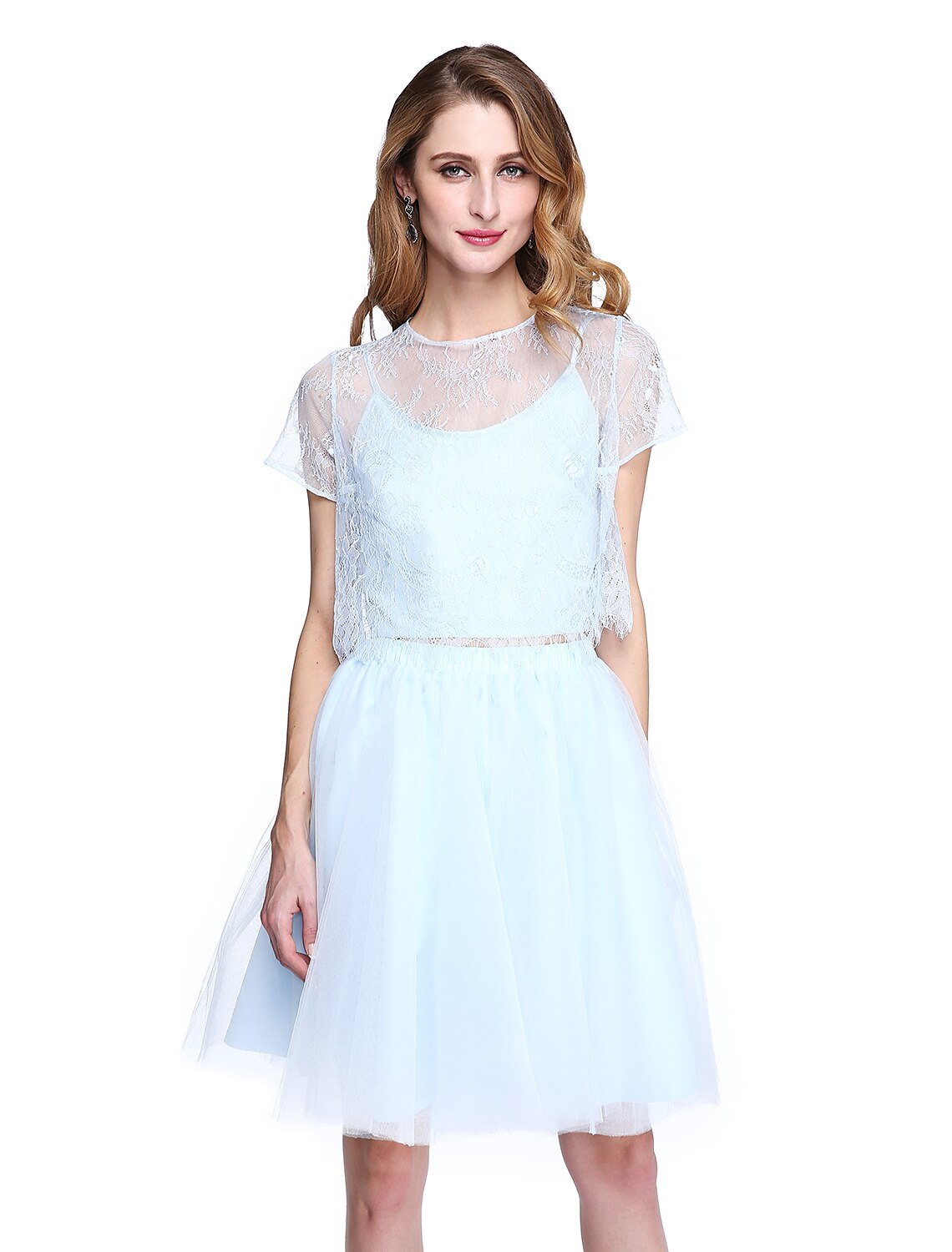 wholesale  A-Line Mother of the Bride Dress Two Piece Jewel Neck Knee Length Lace Tulle Short Sleeve No with Lace