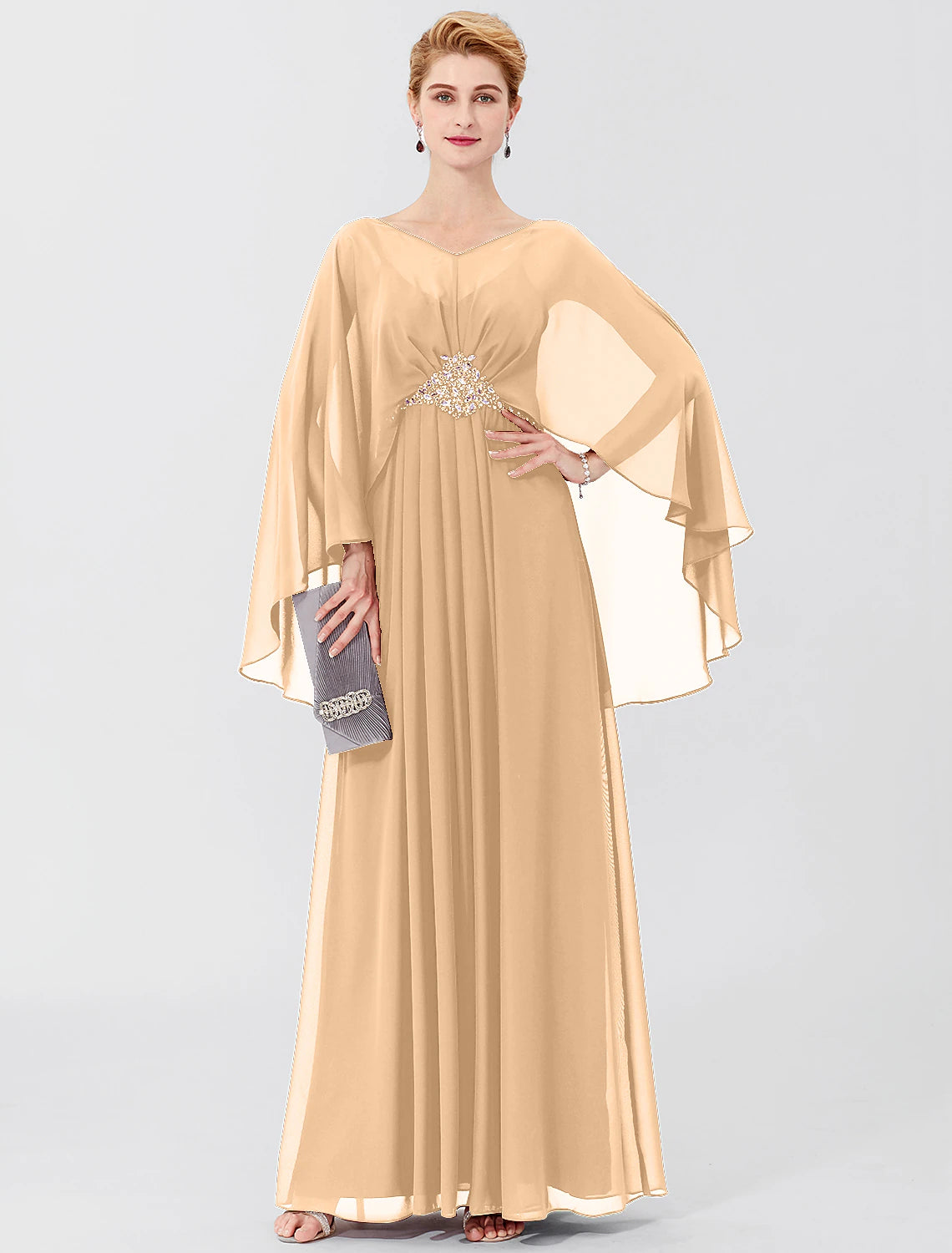 wholesale  Sheath / Column Mother of the Bride Dress Formal Classic & Timeless Elegant & Luxurious Elegant V Neck Floor Length Chiffon Long Sleeve with Pleats Beading