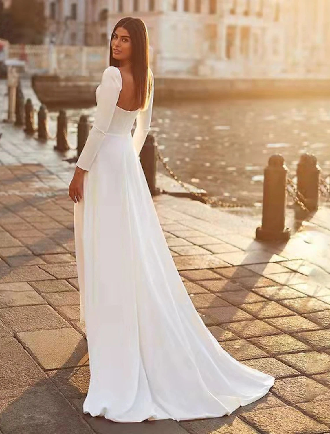wholesale  Reception Royal Style Casual Wedding Dresses A-Line Sweetheart Long Sleeve Sweep / Brush Train Satin Bridal Gowns With Solid Color