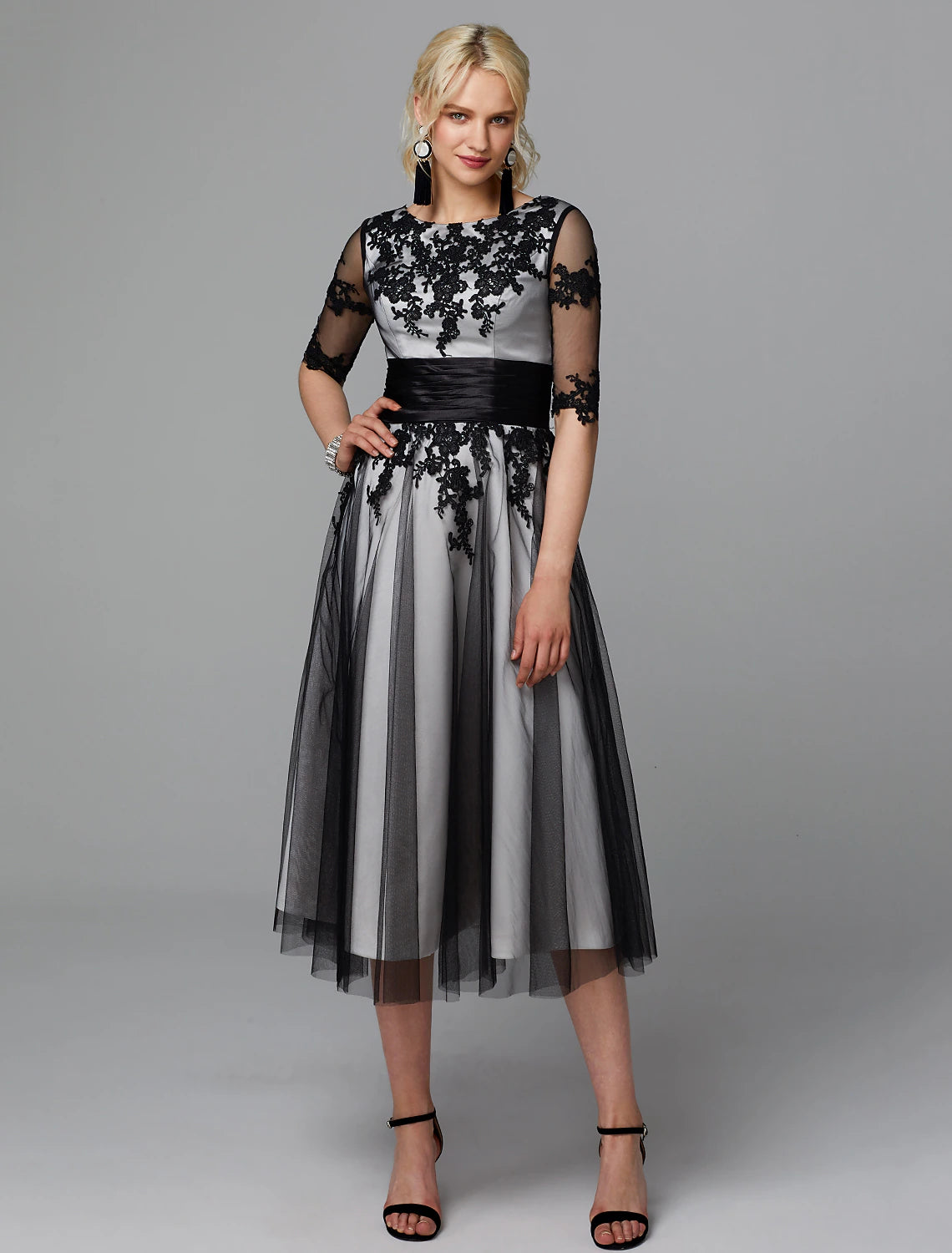 wholesale  A-Line Vintage Dress Wedding Guest Cocktail Party Tea Length Half Sleeve Jewel Neck Fall Wedding Guest Lace with Sash / Ribbon Appliques