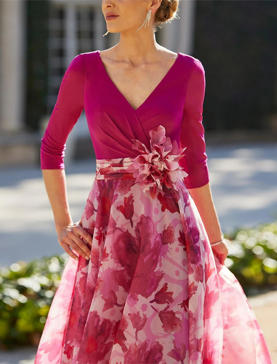 Wholesa A-Line Mother of the Bride Dress Formal Wedding Guest Elegant V Neck Floor Length Chiffon 3/4 Length Sleeve with Flower