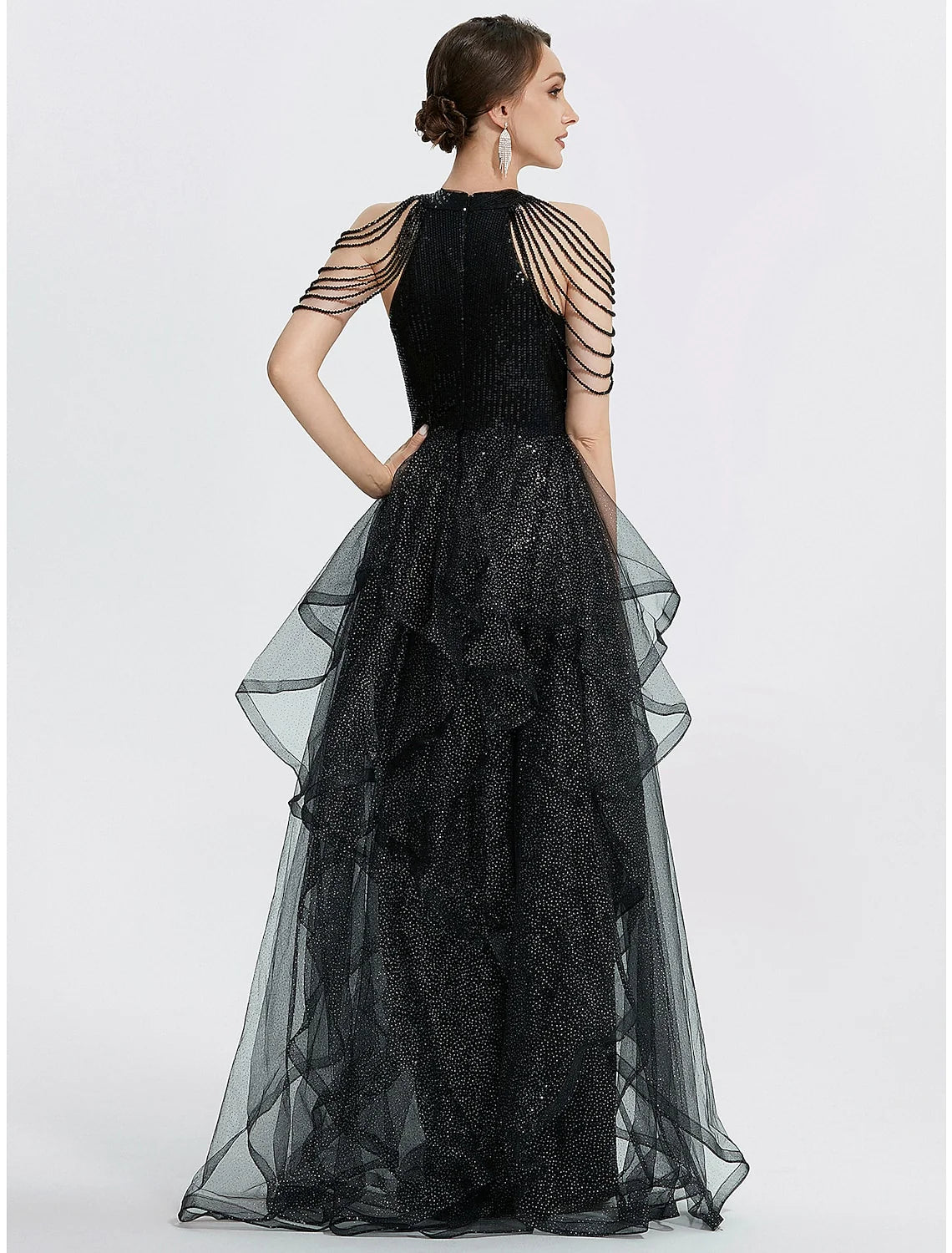 Wholesa Mermaid / Trumpet Prom Dresses Black Dress Dress Quinceanera Floor Length Short Sleeve Jewel Neck Tulle with Beading