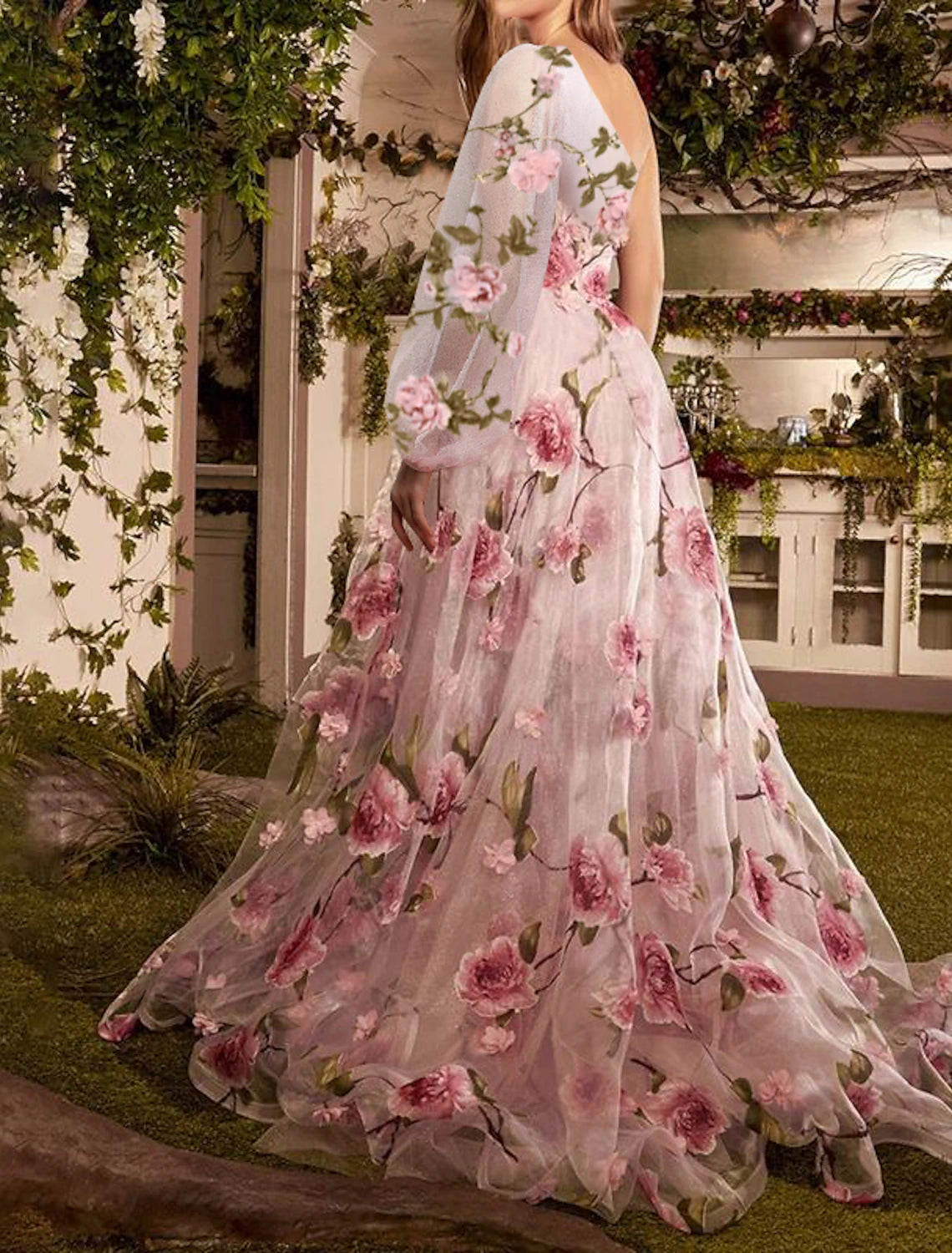 formal dresses with floral print Andrea & Leo A1035 Strapless Organza Ball Gown Floral Print MULTI / 10