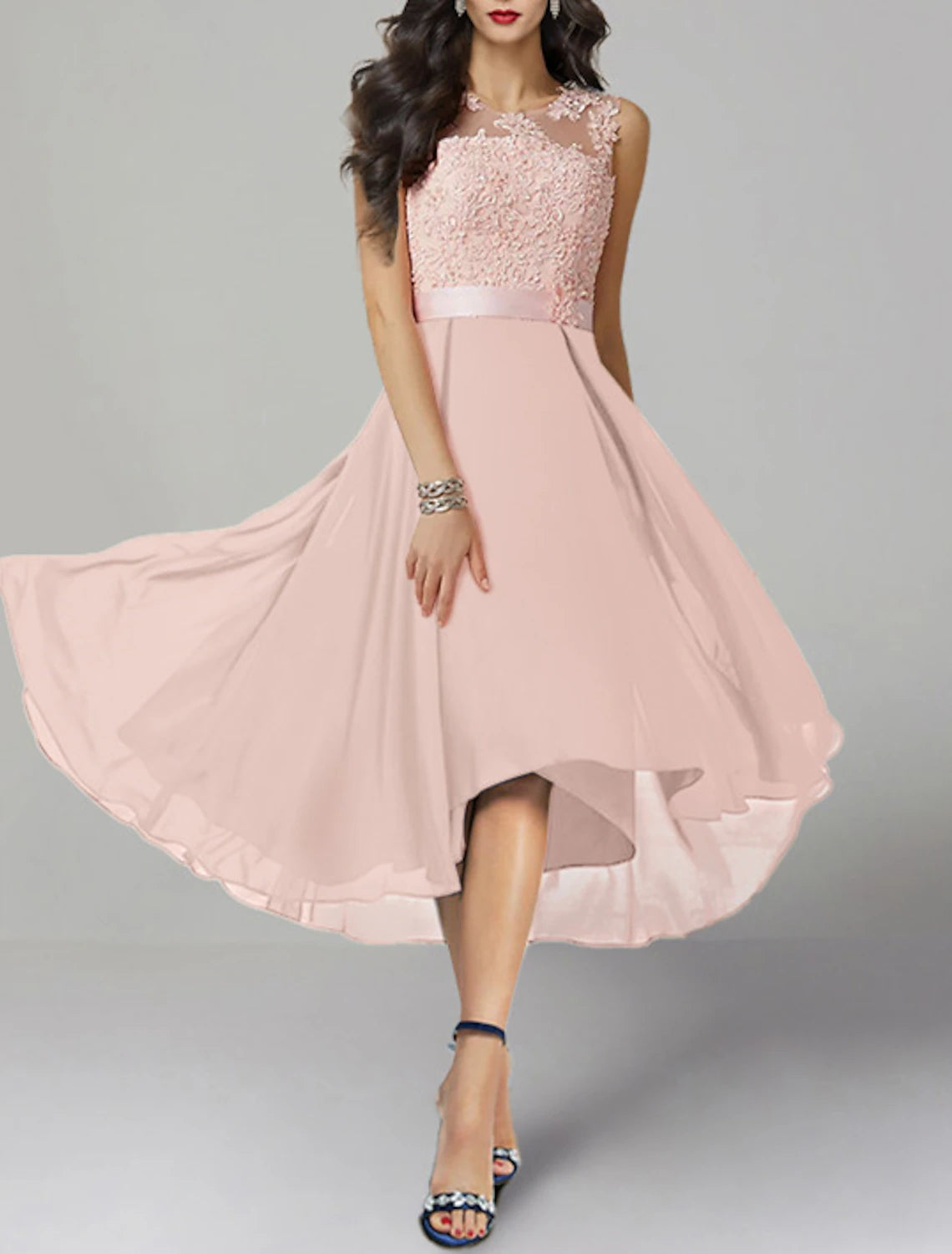 Wholesa A-Line Cocktail Dresses High Low Dress Wedding Guest Asymmetrical Sleeveless Jewel Neck Chiffon with Appliques