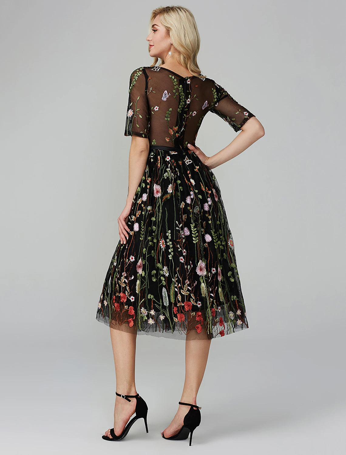 wholesale  A-Line Party Dress Holiday Wedding Guest Tea Length Half Sleeve Illusion Neck Fall Wedding Guest Organza with Embroidery Appliques
