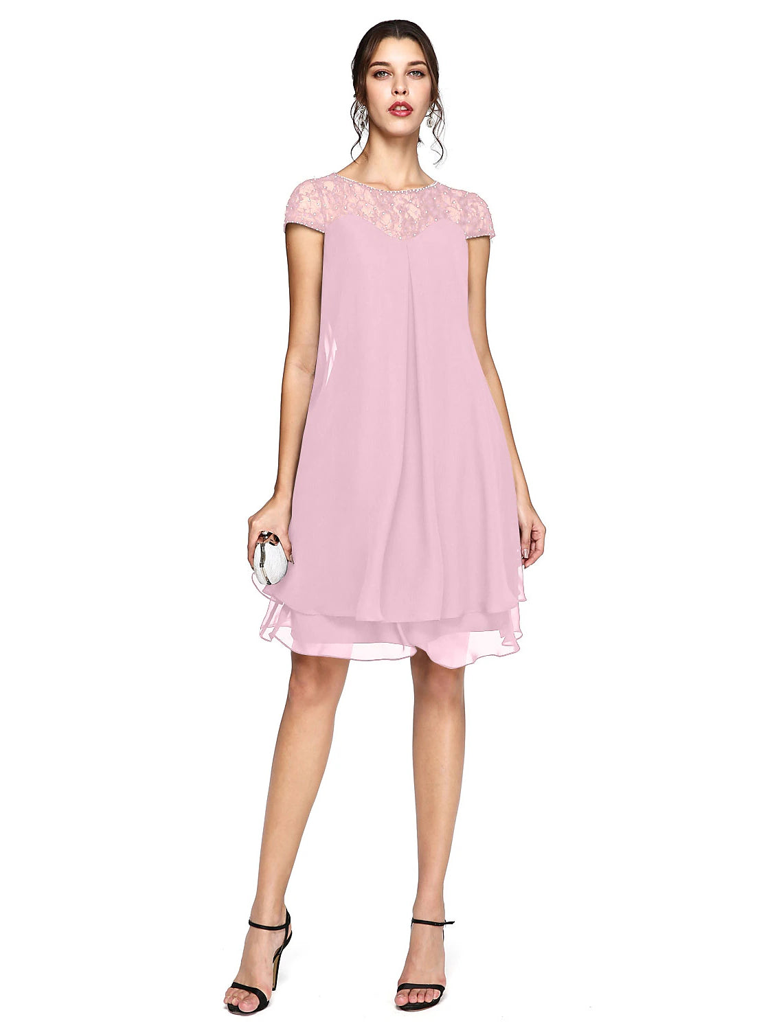 wholesale  A-Line Mother of the Bride Dress Plus Size Elegant Illusion Neck Knee Length Chiffon Lace Short Sleeve with Sequin