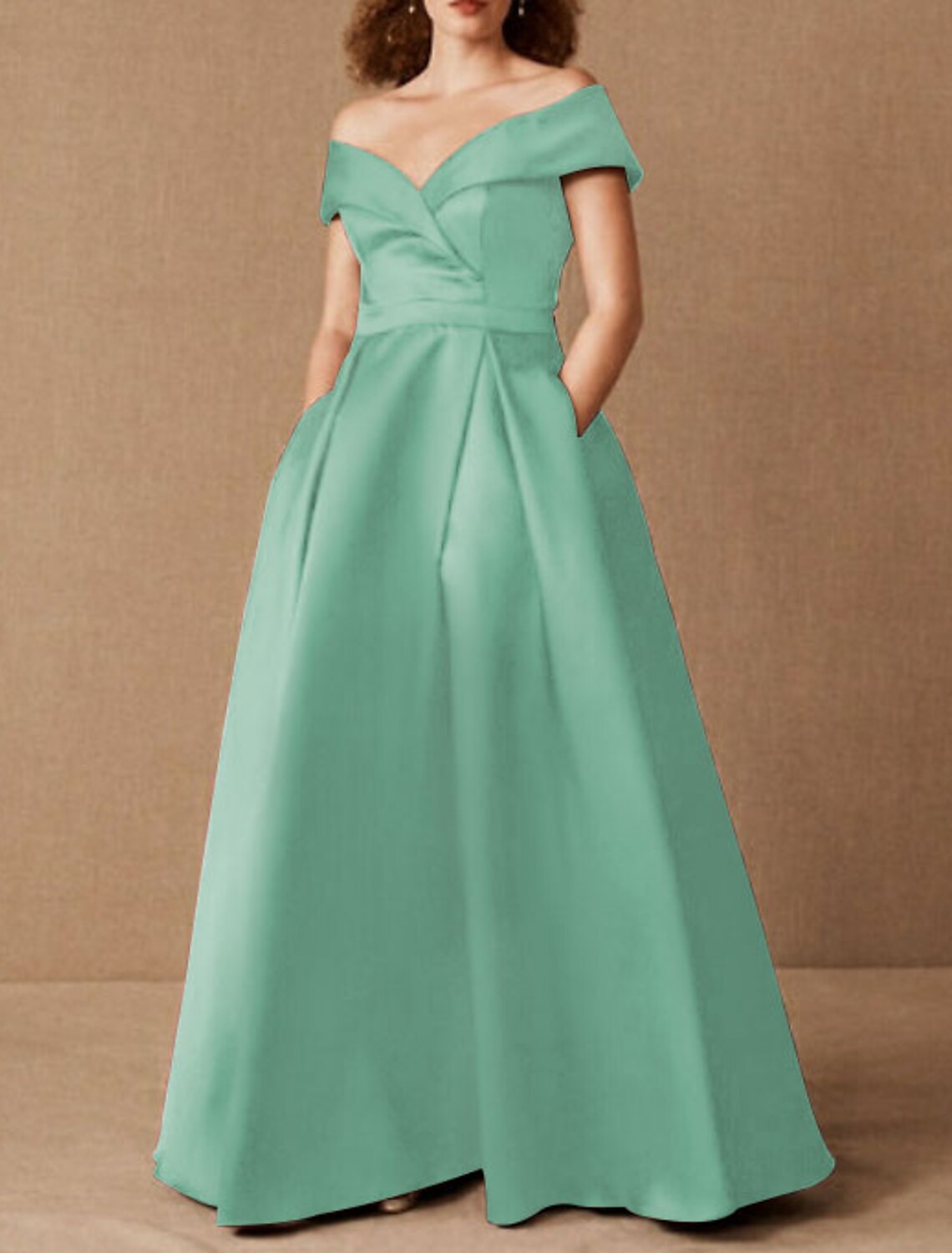 Wholesa  A-Line Plus Size Prom Formal Evening Dress Off Shoulder Short Sleeve Floor Length Satin with Pleats Ruched