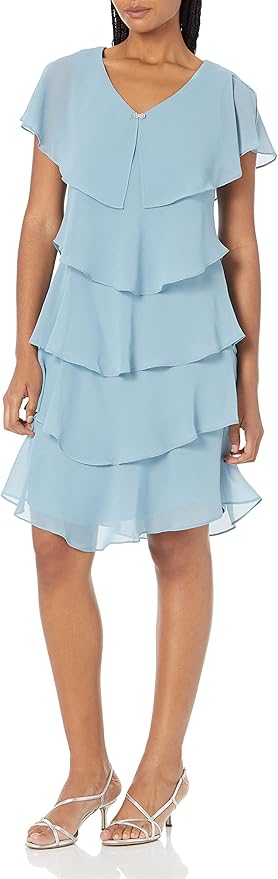 wholesale  Sheath / Column Mother of the Bride Dress Elegant V Neck Knee Length Chiffon Short Sleeve with Cascading Ruffles