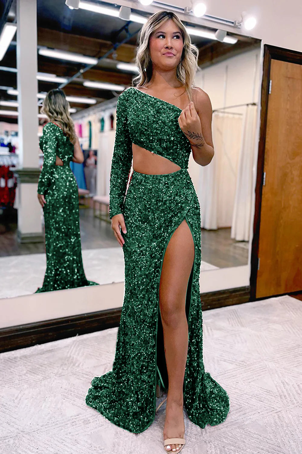 Wholesa Sheath One Shoulder Sequins Long Prom Dress with Silt