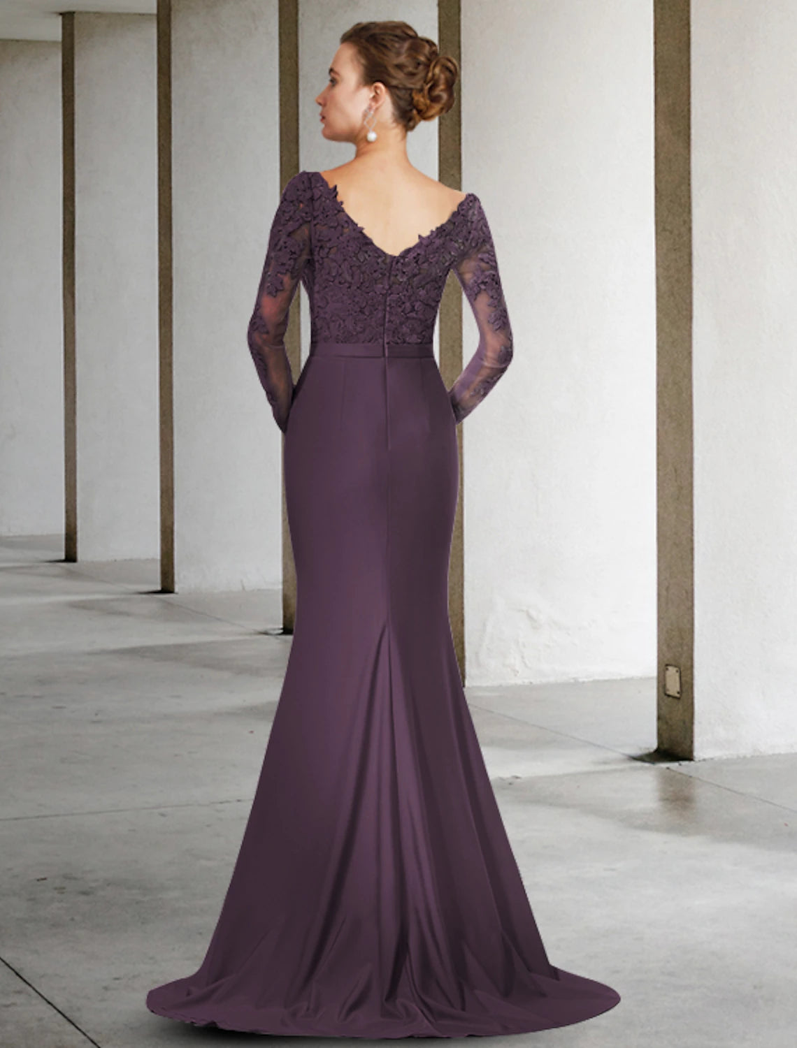 wholesale  Mermaid / Trumpet Mother of the Bride Dress Elegant V Neck Sweep / Brush Train Chiffon Lace Long Sleeve with Appliques