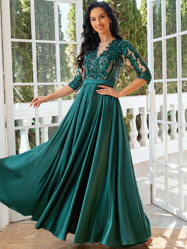 Wholesa A-Line Evening Gown Elegant Dress Wedding Party Floor Length Half Sleeve Illusion Neck Satin with Pleats Sequin Slit