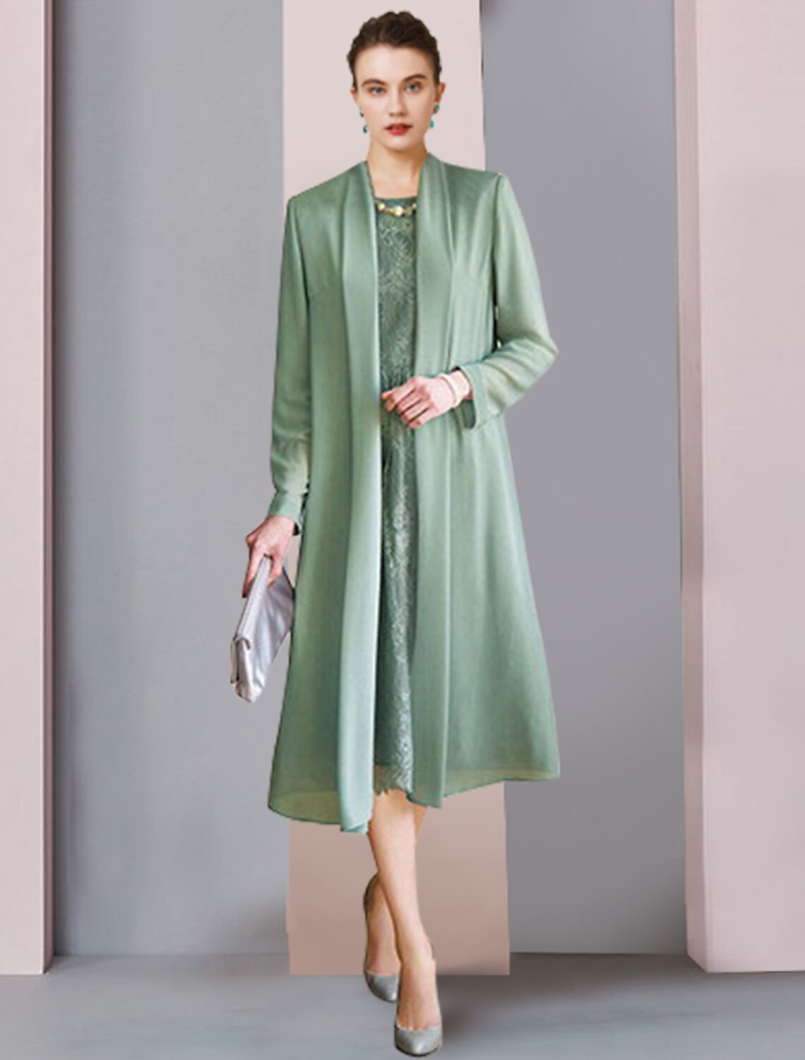 wholesale  Two Piece Sheath / Column Mother of the Bride Dress Formal Wedding Guest Party Elegant Scoop Neck Tea Length Chiffon Lace 3/4 Length Sleeve Jacket Dresses with Solid Color