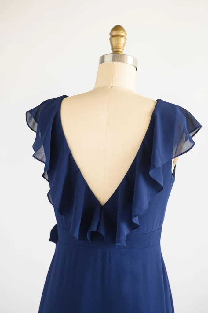 Wholesa Navy Blue Chiffon Wrap V Back Wedding Bridesmaid Dress Evening Dress