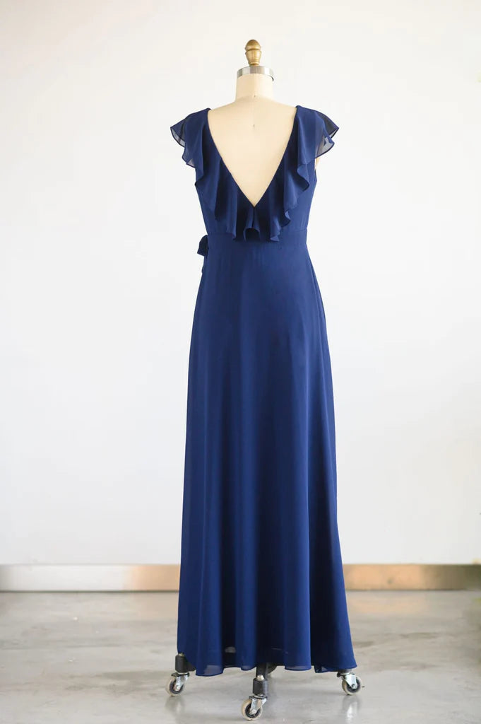 Wholesa Navy Blue Chiffon Wrap V Back Wedding Bridesmaid Dress Evening Dress