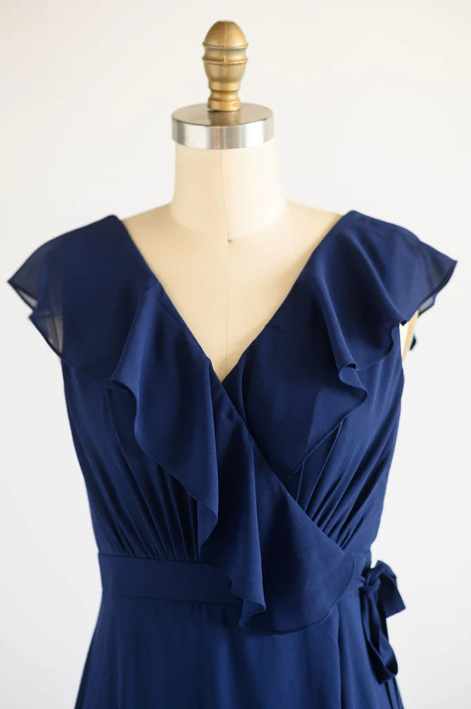 Wholesa Navy Blue Chiffon Wrap V Back Wedding Bridesmaid Dress Evening Dress