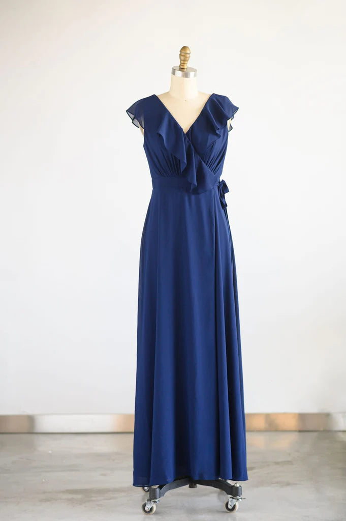 Wholesa Navy Blue Chiffon Wrap V Back Wedding Bridesmaid Dress Evening Dress