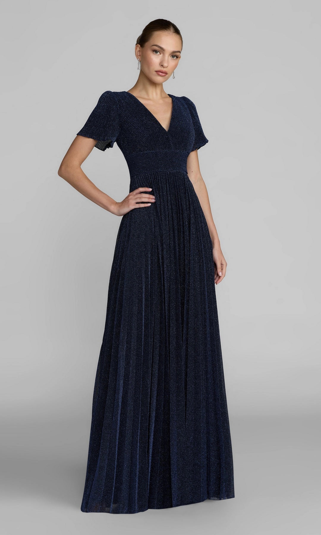 Shimmer A-Line V-Neck Flutter Sleeve Zipper Back Maxi Bridesmaid Prom Gown
