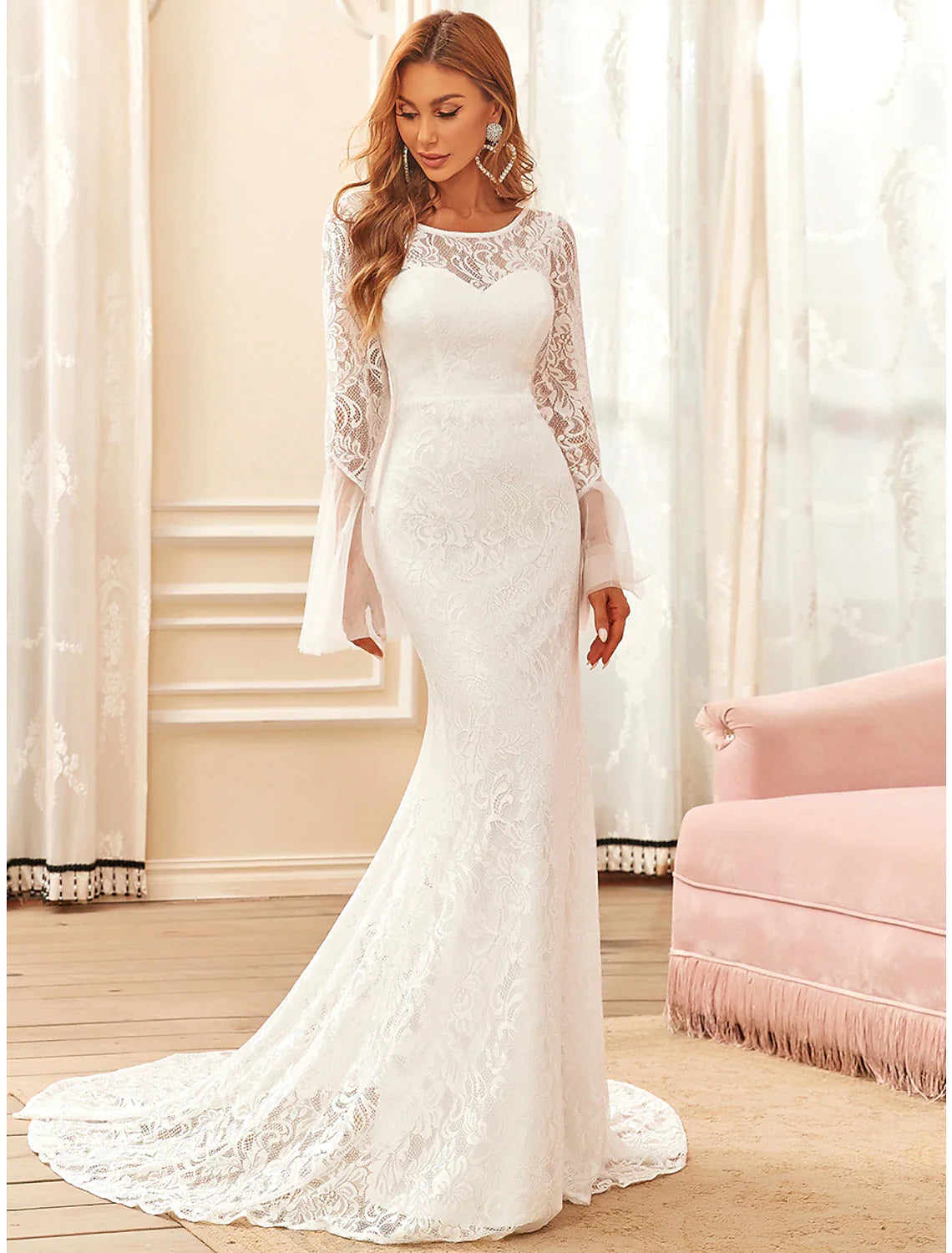 Wholesa Beach Boho Wedding Dresses Sweep / Brush Train Mermaid / Trumpet Long Sleeve Illusion Neck Lace With Lace