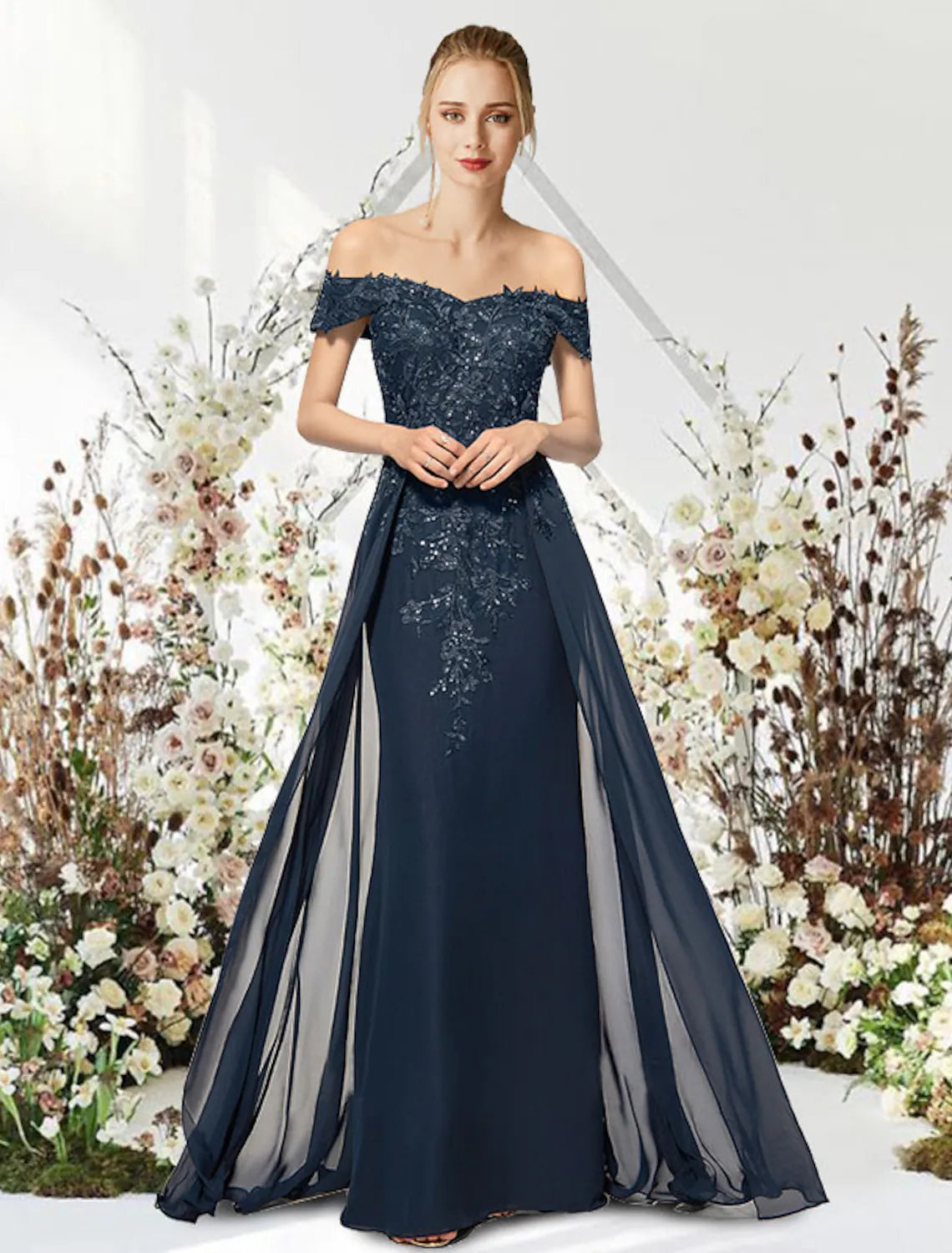 Wholesa Mermaid / Trumpet Evening Gown Empire Dress Wedding Guest Floor Length Sleeveless Off Shoulder Chiffon with Beading Appliques