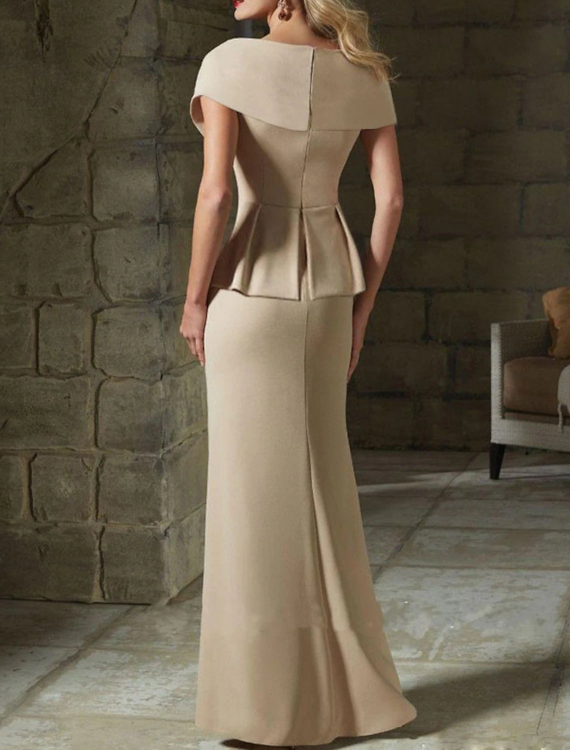 Wholesa Mermaid / Trumpet Peplum Elegant Wedding Guest Formal Evening Dress V Neck Short Sleeve Floor Length Jersey with Crystals Ruffles