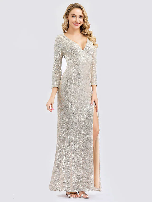 Wholesa Sheath / Column Sexy Furcal Formal Evening Dress Plunging Neck Long Sleeve Floor Length Sequined with Sequin Split Front