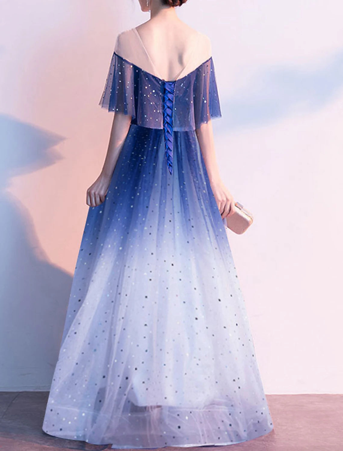 Wholesa  A-Line Glittering Gradient Prom Formal Evening Dress V Neck Half Sleeve Floor Length Tulle with Pleats Sequin