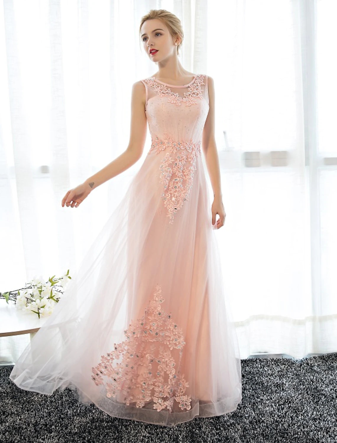 Wholesa Sheath / Column Dress Wedding Guest Prom Floor Length Sleeveless Illusion Neck Satin with Crystals Appliques