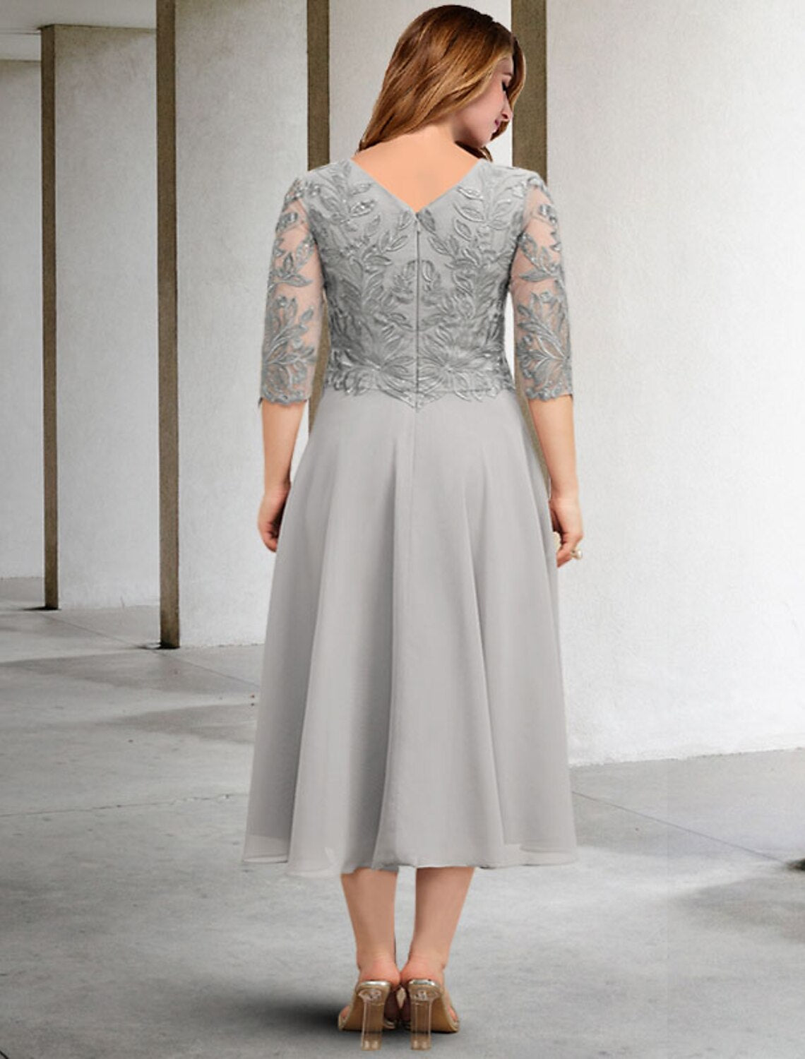 wholesale A-Line Mother of the Bride Dresses Plus Size Hide Belly Curve Elegant Dress Formal Tea Length 3/4 Length Sleeve Jewel Neck Chiffon with Sequin Applique