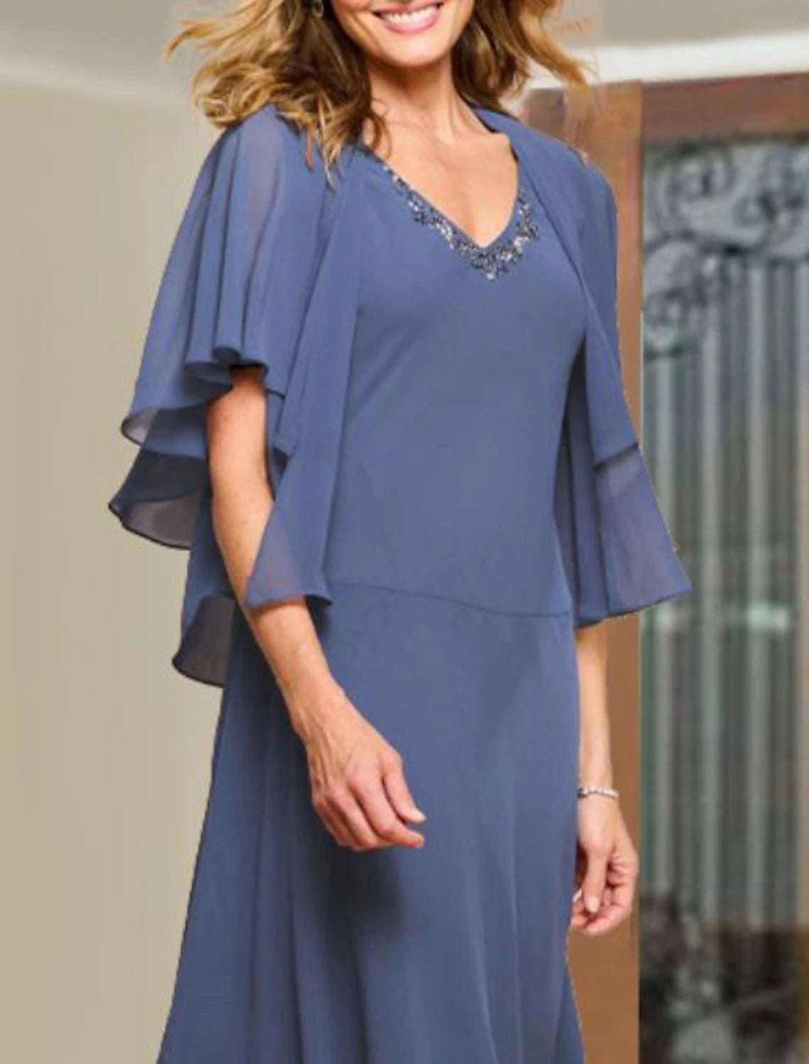 Wholesa Two Piece A-Line Mother of the Bride Dress Wedding Guest Elegant Plus Size V Neck Tea Length Chiffon Short Sleeve Wrap Included Short Jacket Dresses with Beading Ruffles