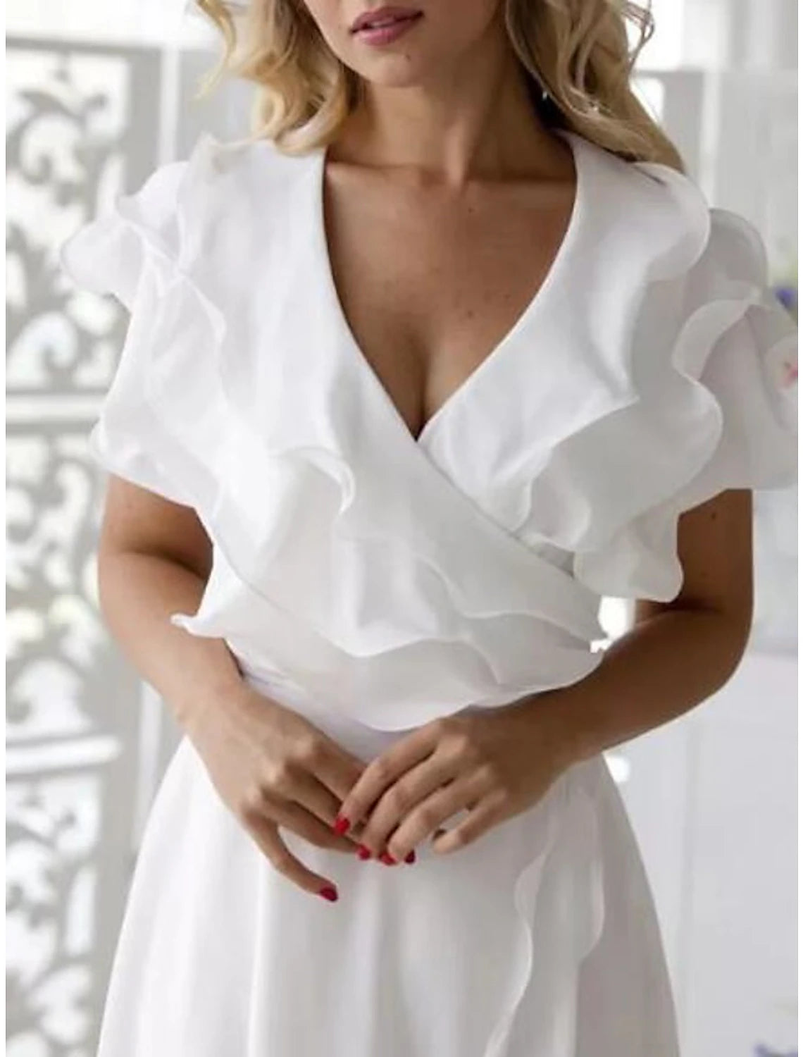 Wholesa A-Line Simple Wedding Dress Little White Dress Elegant High Low V Neck Plus Size Asymmetrical Chiffon Short Sleeve with Ruffles Split Front