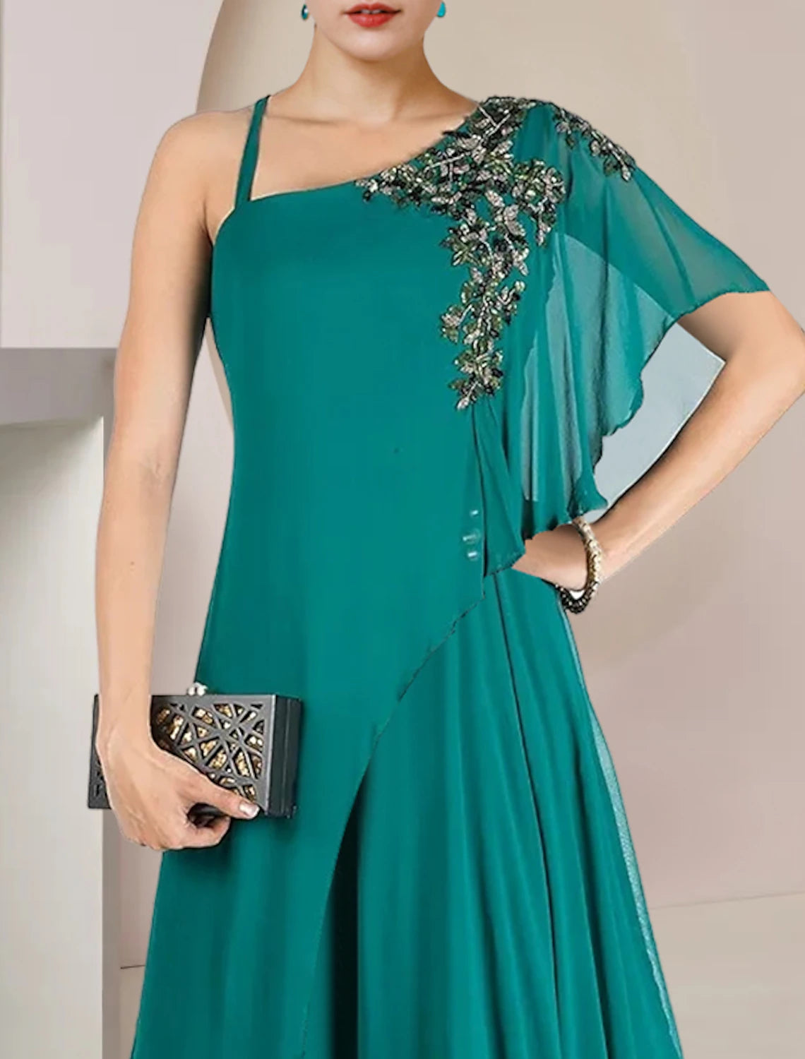 wholesale  A-Line Mother of the Bride Dress Formal Wedding Guest Elegant One Shoulder Floor Length Chiffon Sleeveless with Pleats Appliques