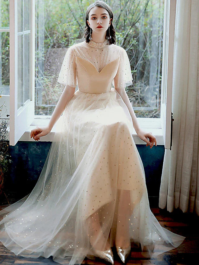 Wholesa A-Line Prom Dresses Glittering Dress Party Wear Ankle Length Half Sleeve High Neck Tulle with Pleats Sequin