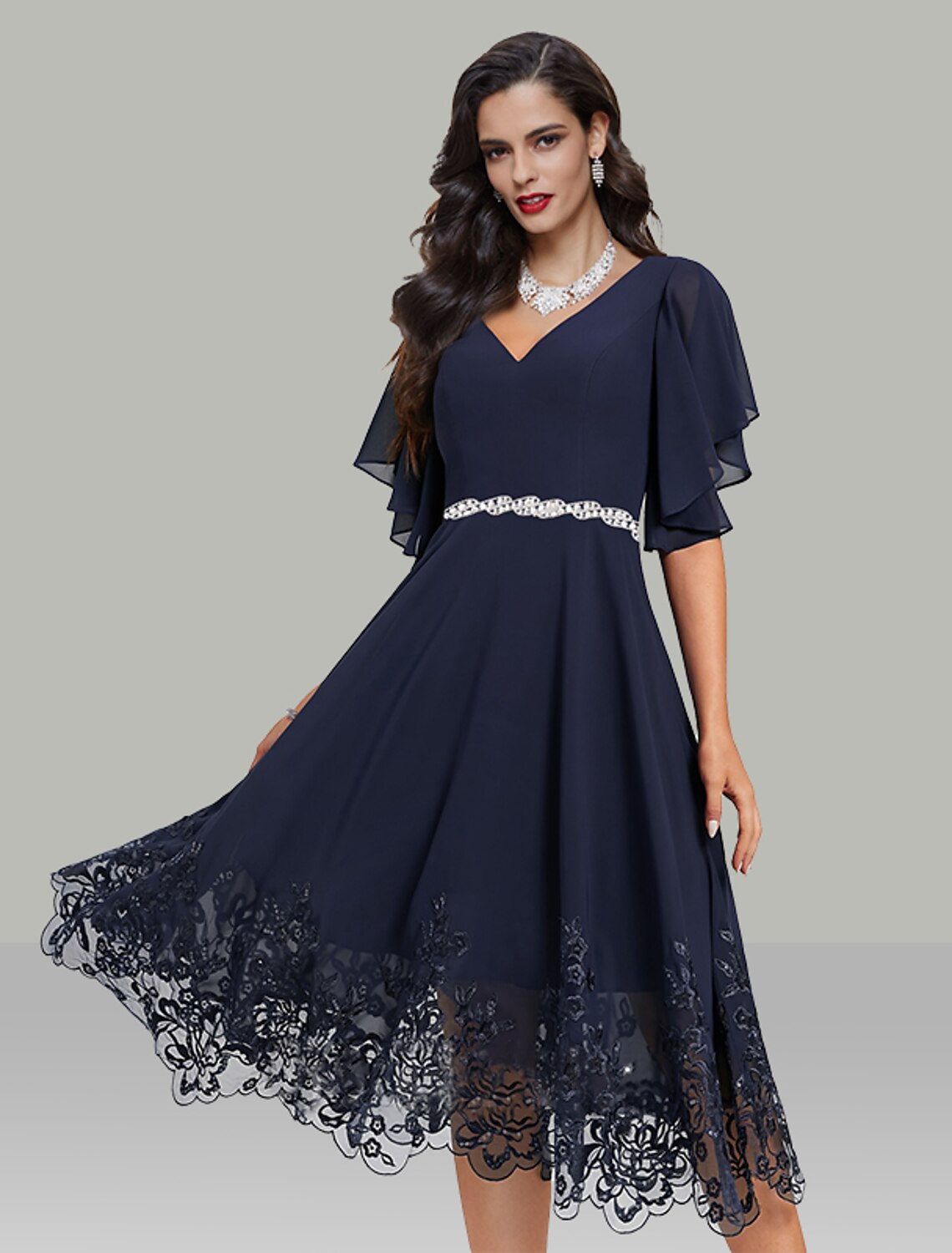 Wholesa  A-Line Wedding Guest Dresses Elegant Dress Cocktail Party Tea Length Short Sleeve V Neck Belt / Sash Chiffon with Rhinestone Glitter Embroidery