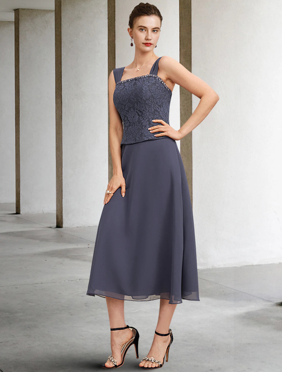 wholesale  A-Line 3 Piece Mother of the Bride Dress Plus Size Elegant Square Neck Tea Length Chiffon Lace Sleeveless Wrap Included Jacket Dresses with Crystals Ruffles