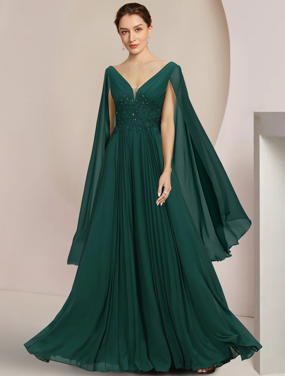 Wholesa  A-Line Mother of the Bride Dress Formal Wedding Guest Elegant V Neck Floor Length Chiffon Lace Sleeveless with Pleats Sequin Appliques