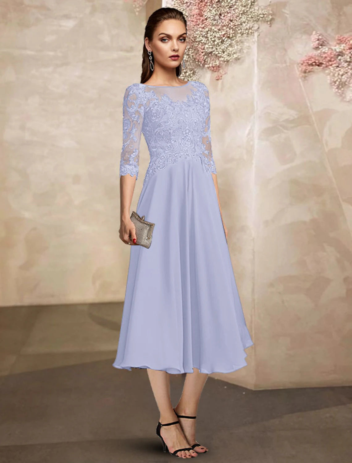 wholesale  A-Line Mother of the Bride Dress Plus Size Elegant Jewel Neck Tea Length Chiffon Lace Half Sleeve with Appliques