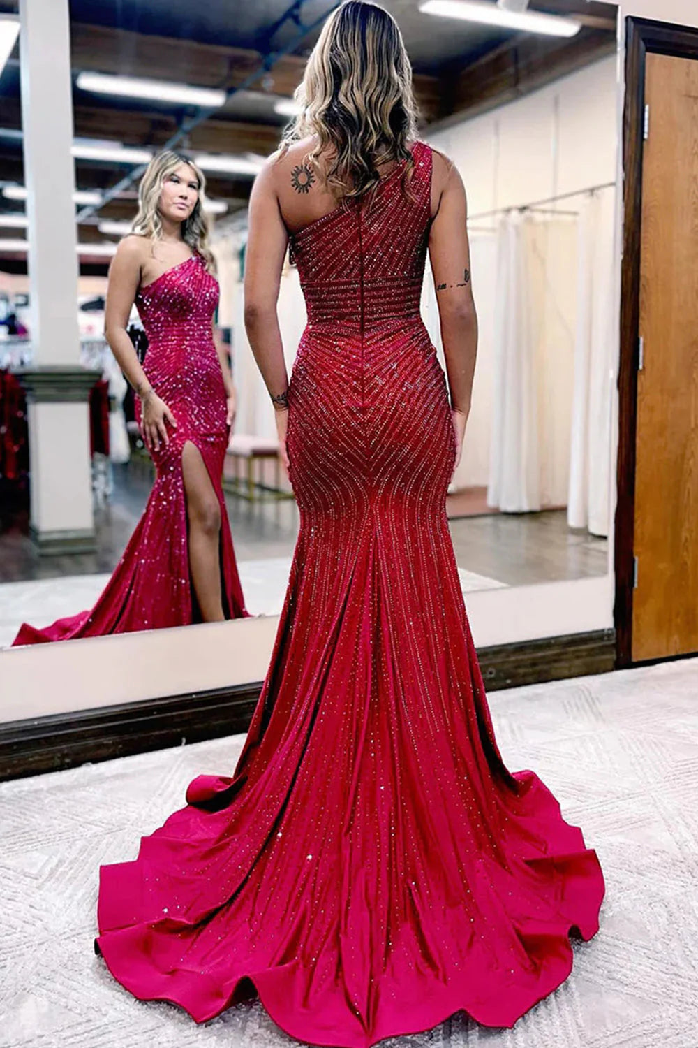 Wholesa Sparkly Beaded One Shoulder Long Prom Dress with Slit