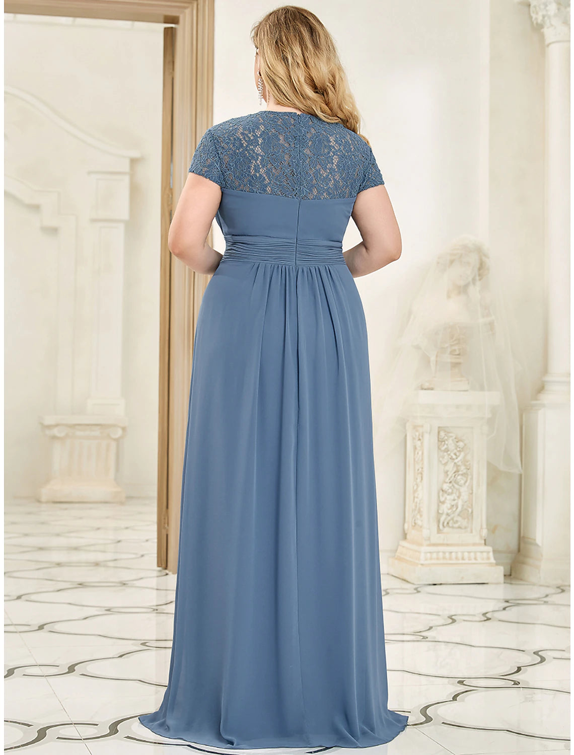 wholesa A-Line Evening Gown Plus Size Dress Wedding Guest Prom Floor Length Short Sleeve Sweetheart Chiffon with Ruched