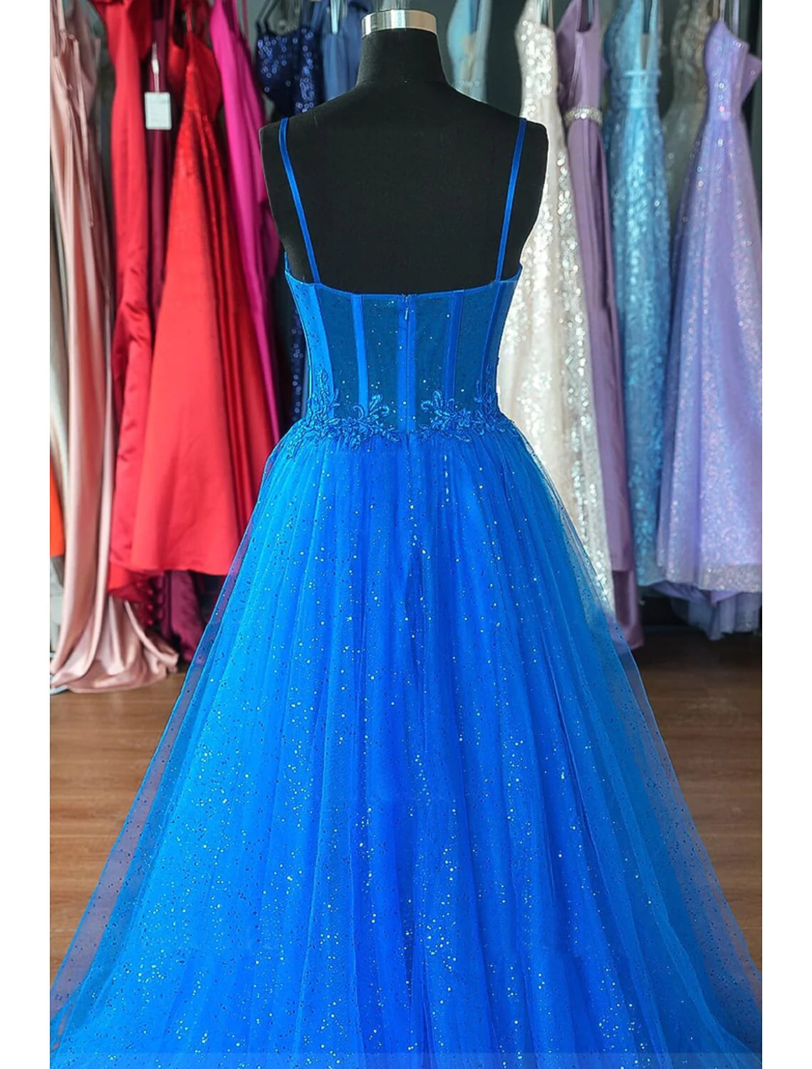 Wholesa A-Line Prom Dresses Glittering Dress Formal Floor Length Sleeveless Spaghetti Strap Tulle Backless with Pleats Appliques